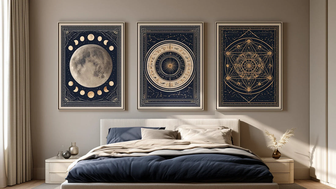 Spiritual gallery wall with celestial canvas art above a calm modern bed