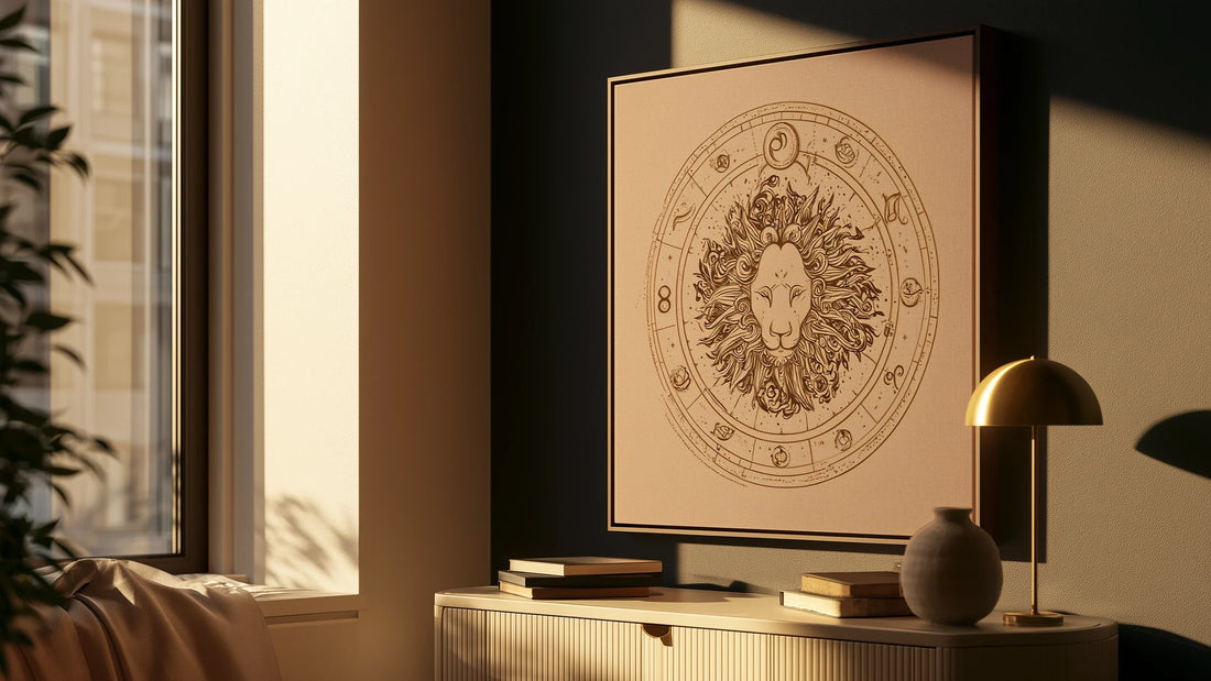 Leo zodiac wall art styled above an elegant dresser in a warm sunlit celestial interior