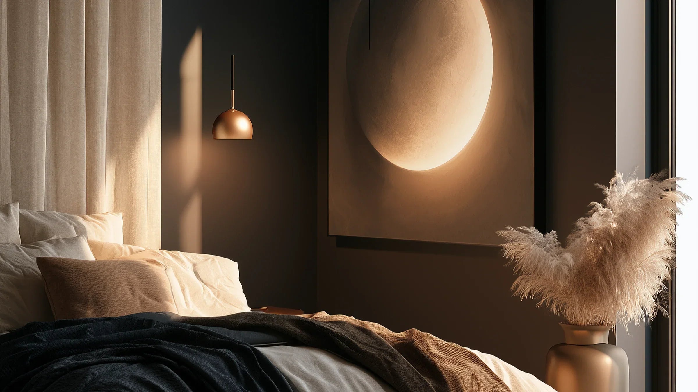 Celestial canvas wall art in a calm bedroom with soft light and mystical decor