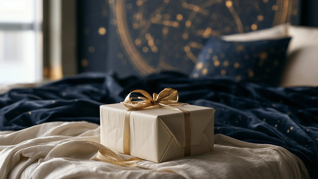 Zodiac wall art gift displayed in a calm celestial bedroom with gold and midnight navy accents