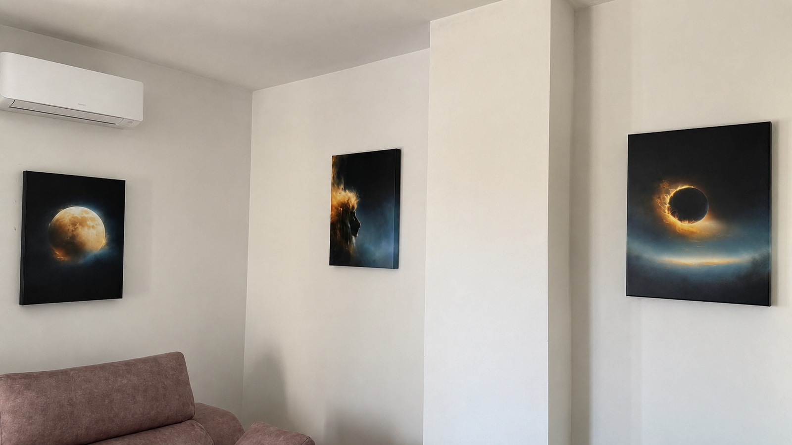 Three celestial gallery-wrapped canvases photographed in a real interior