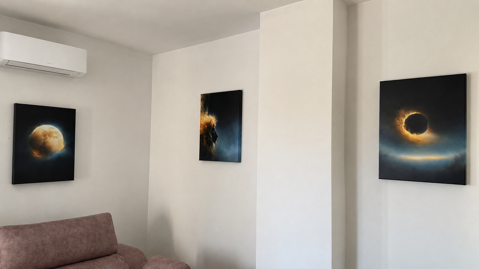 Three celestial gallery-wrapped canvases displayed in a real interior