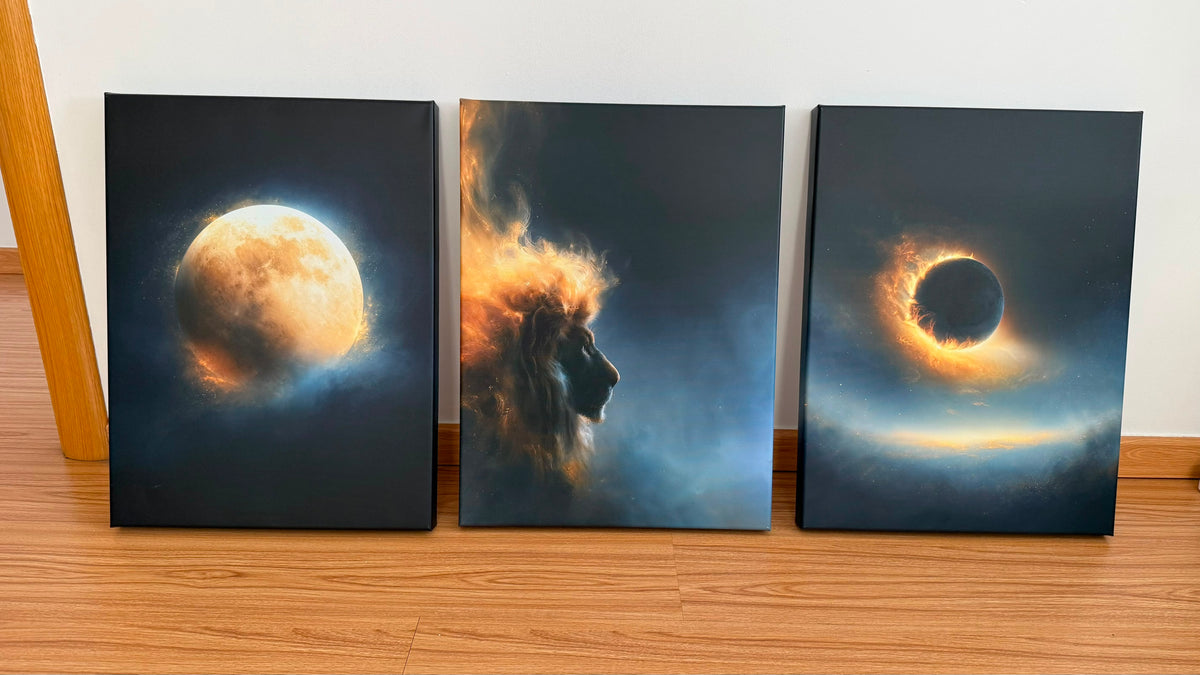 Three real celestial gallery-wrapped canvases displayed together