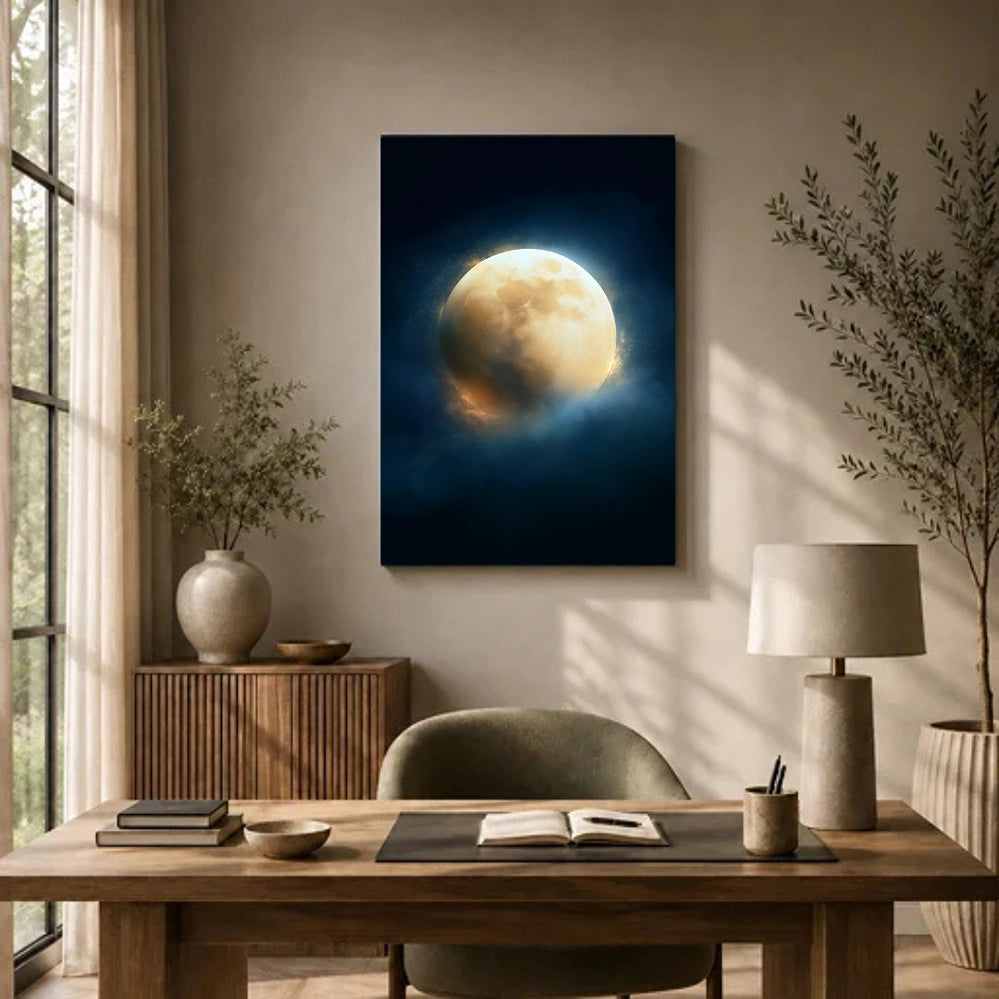 Golden Full Moon full moon canvas wall art styled in a serene room with soft neutral decor