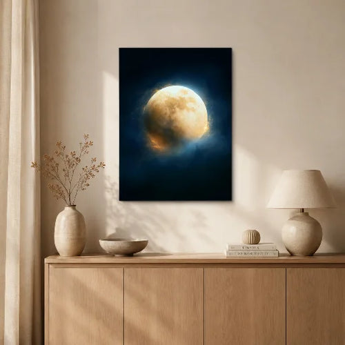 Golden Full Moon celestial canvas wall art displayed in a calm interior setting