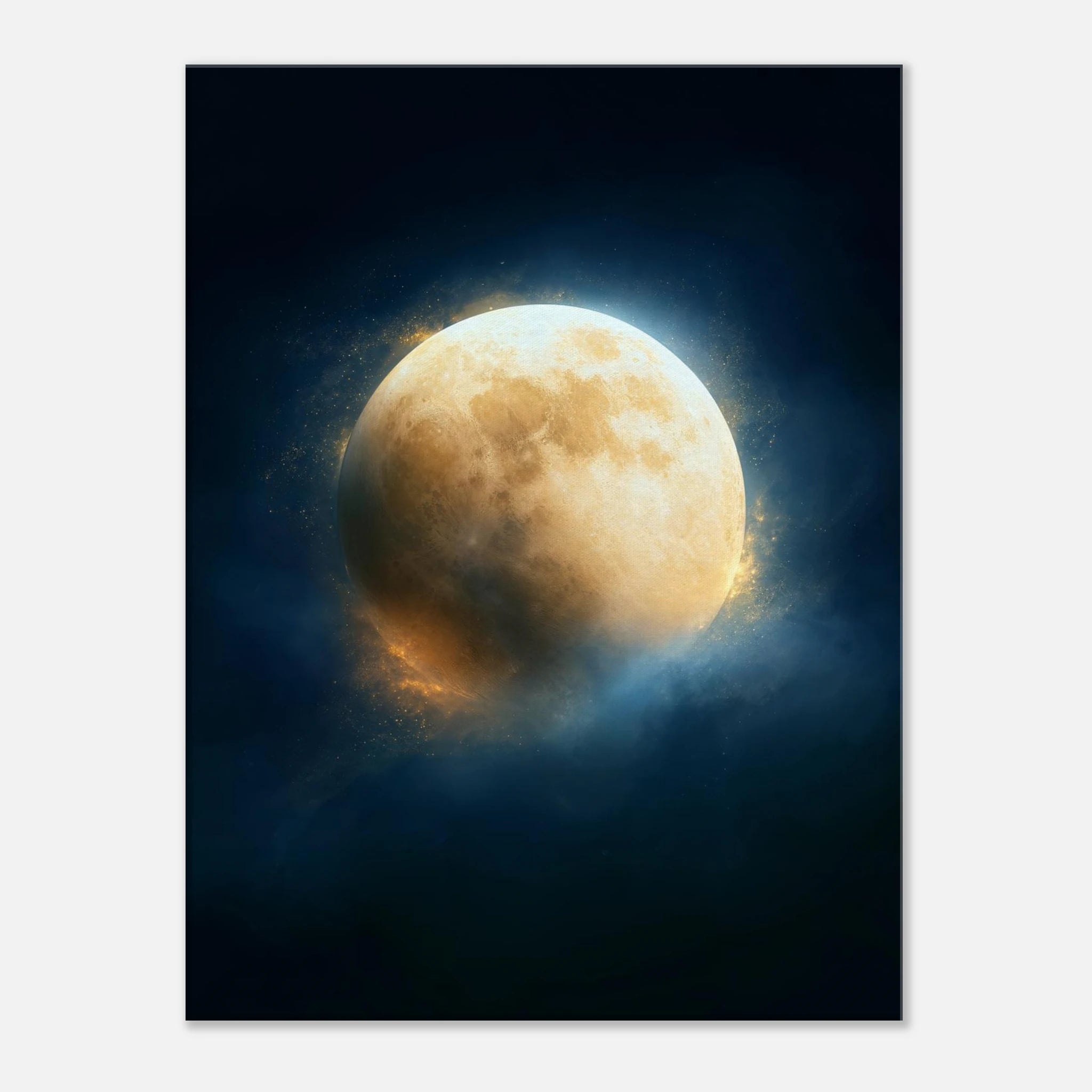 Golden Full Moon celestial canvas artwork with luminous golden moon on a deep midnight background