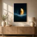 The Threshold first quarter moon canvas wall art displayed in a calm interior setting